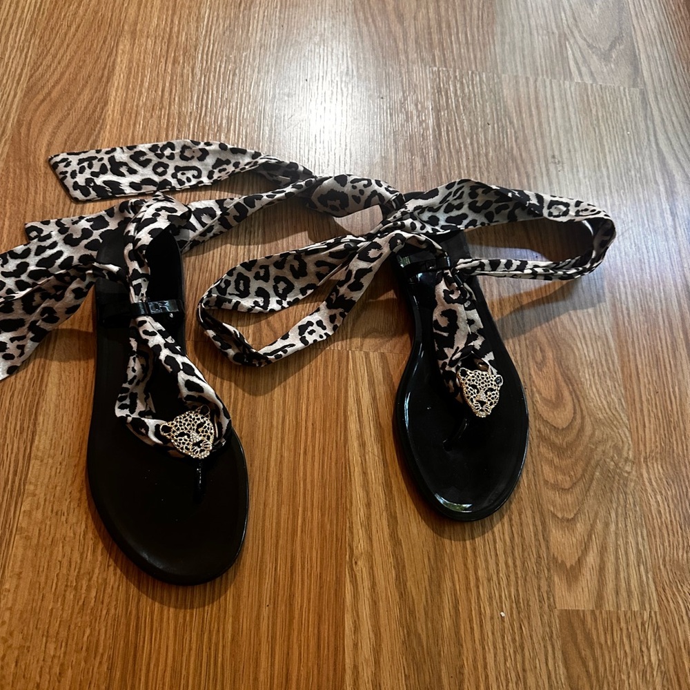 INC International Concepts Black Sandals with Leopard Straps
